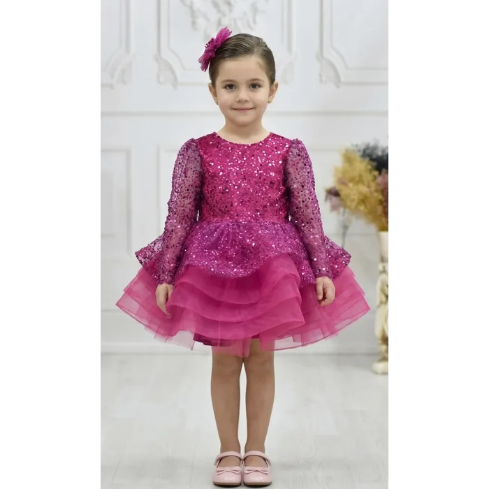 Kız Çocuk Fuşya Uzun Kol Taşlı Boncuklu Elbise