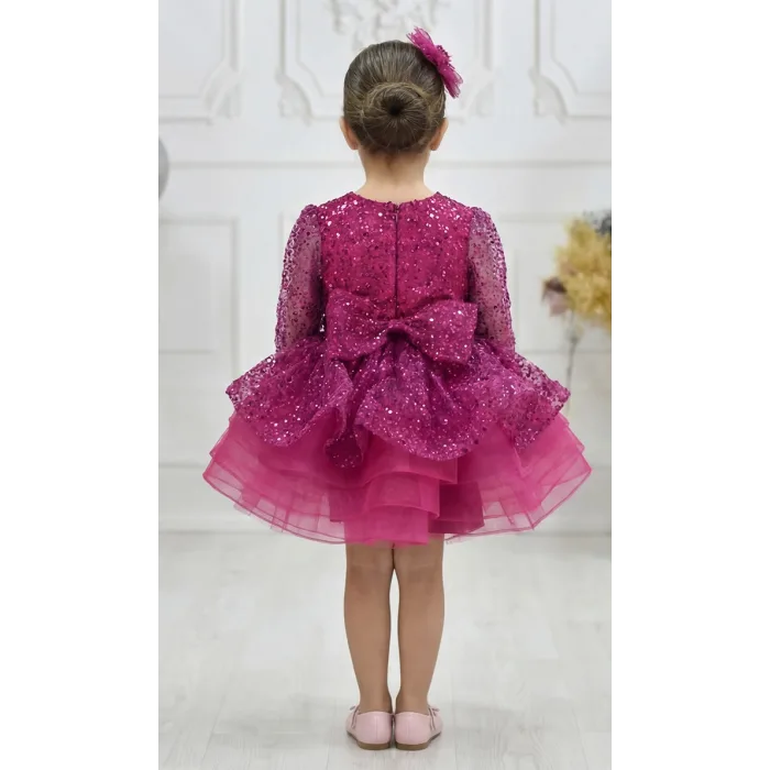 Kız Çocuk Fuşya Uzun Kol Taşlı Boncuklu Elbise