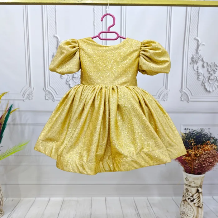 Gold Parıltılı Flok Kız Çocu Elbise Abiye Gelinlik