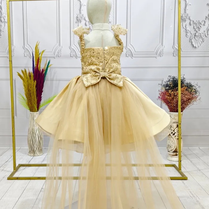 Gold Askılı Kuyruklu Taşlı  Boncuklu Payetli Kabarık Elbise