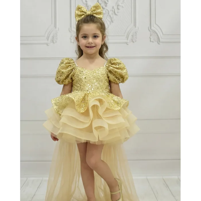 Kız Çocuk Gold Askılı Kısa Kol Kuyruklu Boncuklu Payetli Kabarık Elbise