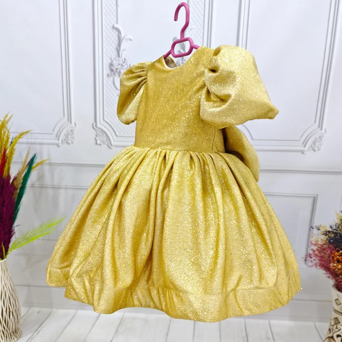 Gold Parıltılı Flok Kız Çocu Elbise Abiye Gelinlik