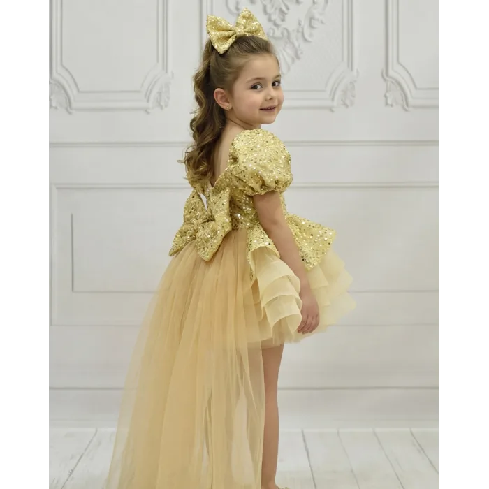 Kız Çocuk Gold Askılı Kısa Kol Kuyruklu Boncuklu Payetli Kabarık Elbise