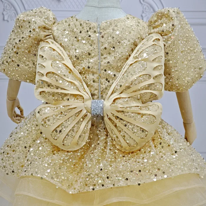 Bej Boncuklu Payetli Kabarık Elbise + Kelebek ( Kanat)  Abiye Gelinlik