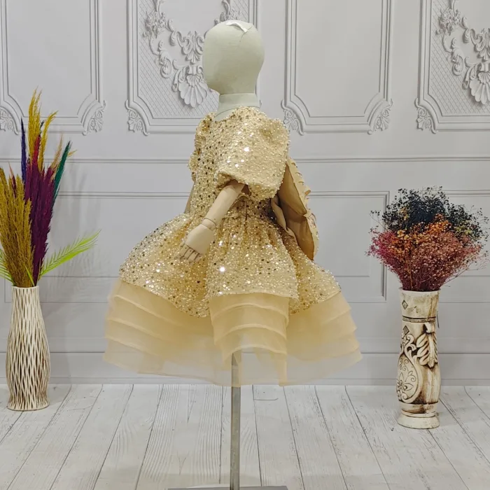 Bej Boncuklu Payetli Kabarık Elbise + Kelebek ( Kanat)  Abiye Gelinlik