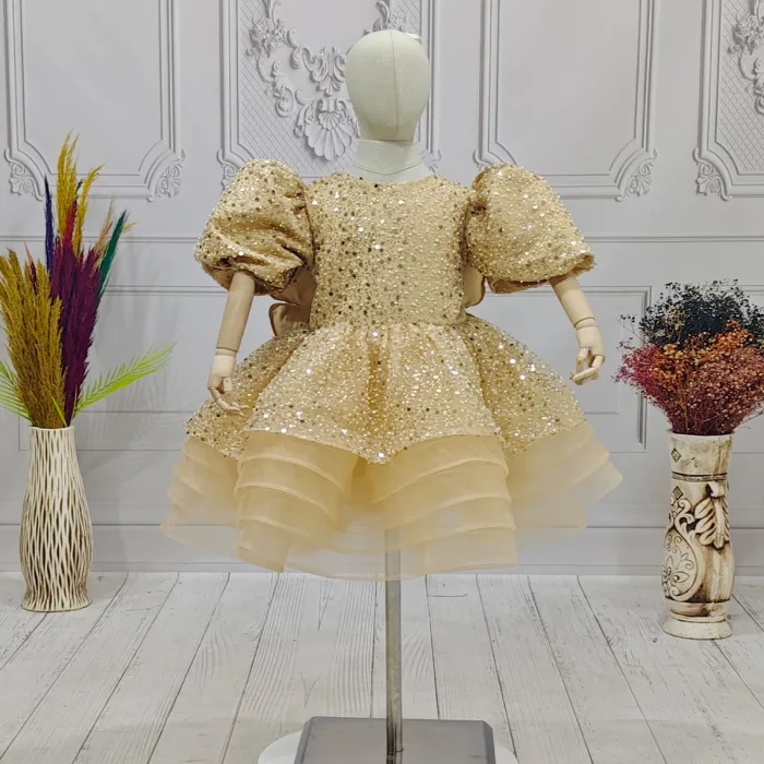 Bej Boncuklu Payetli Kabarık Elbise + Kelebek ( Kanat)  Abiye Gelinlik