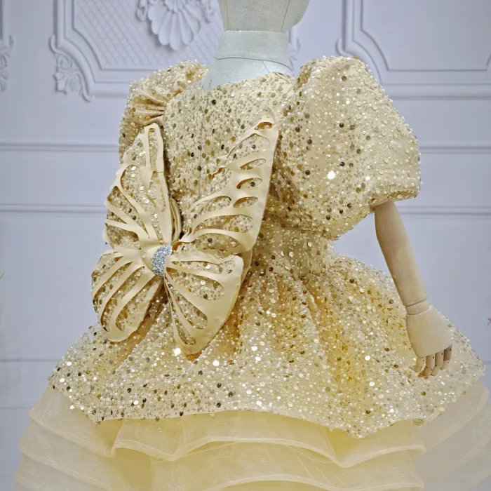 Bej Boncuklu Payetli Kabarık Elbise + Kelebek ( Kanat)  Abiye Gelinlik