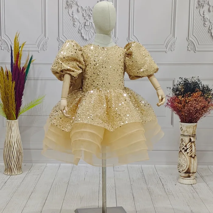 Bej Boncuklu Payetli Kabarık Elbise + Kelebek ( Kanat)  Abiye Gelinlik