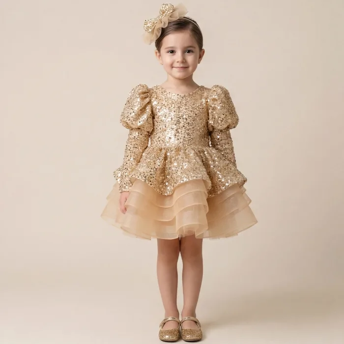 Kız Çocuk Gold Boncuklu Payetli KısaKol  Bilek kol Kabarık Elbise
