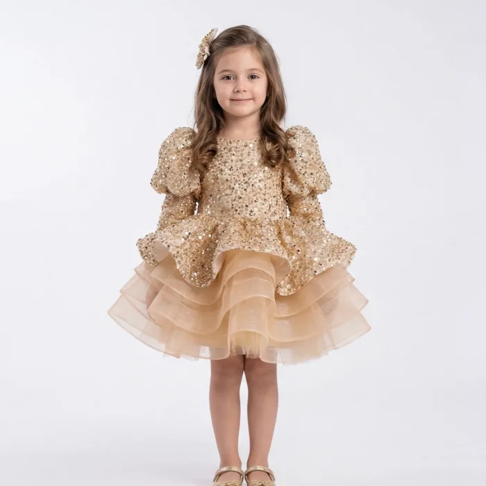Kız Çocuk Gold Boncuklu Payetli KısaKol  Bilek kol Kabarık Elbise