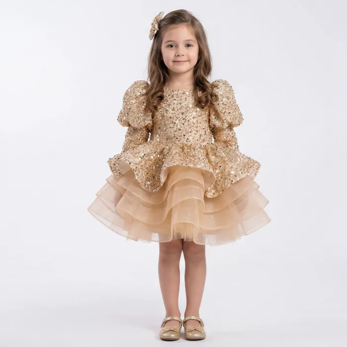Kız Çocuk Gold Boncuklu Payetli KısaKol  Bilek kol Kabarık Elbise