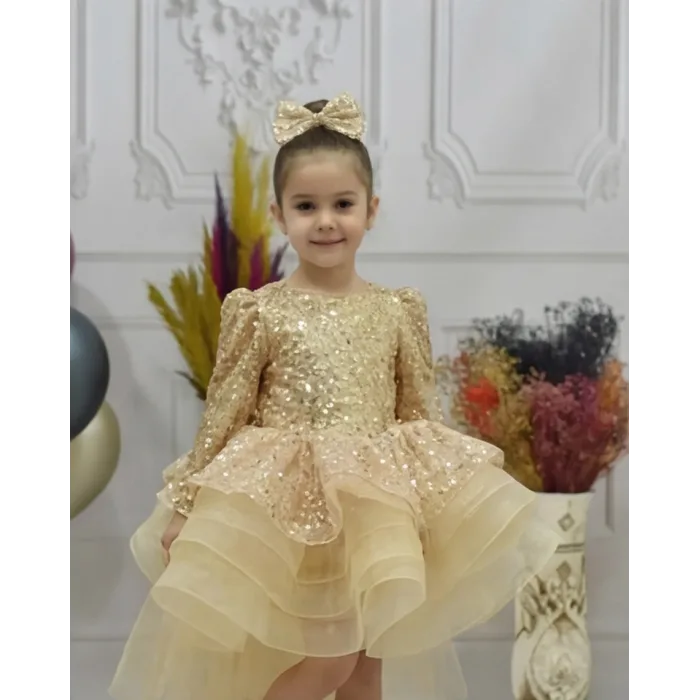 Kız Çocuk Gold Kuyruklu Boncuklu Payetli Kabarık Elbise