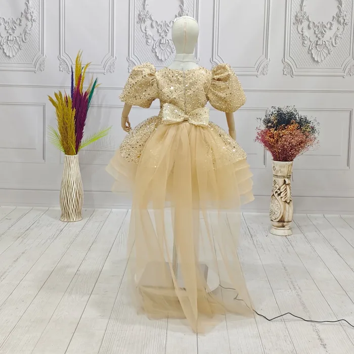 Kız Çocuk Bej Kuyruklu Boncuklu Payetli Kabarık Elbise