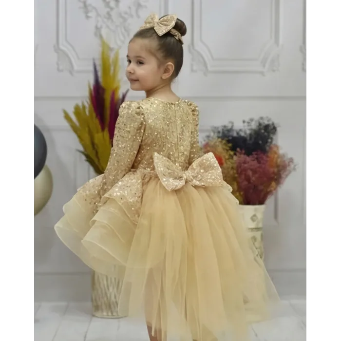 Kız Çocuk Gold Kuyruklu Boncuklu Payetli Kabarık Elbise