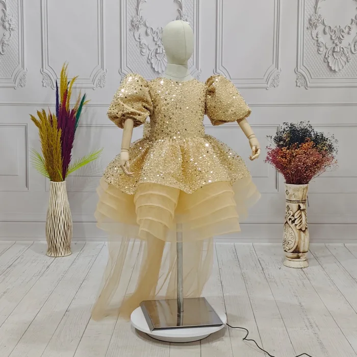 Kız Çocuk Bej Kuyruklu Boncuklu Payetli Kabarık Elbise