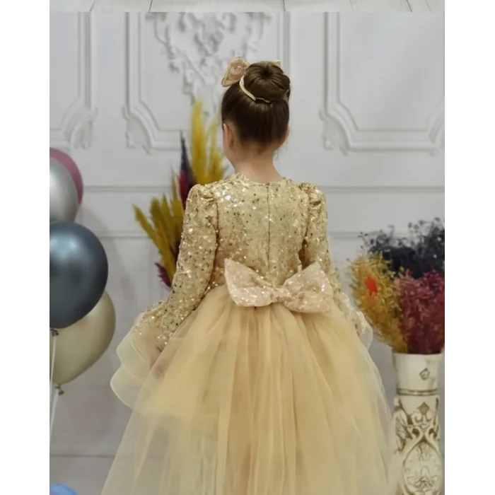 Kız Çocuk Gold Kuyruklu Boncuklu Payetli Kabarık Elbise