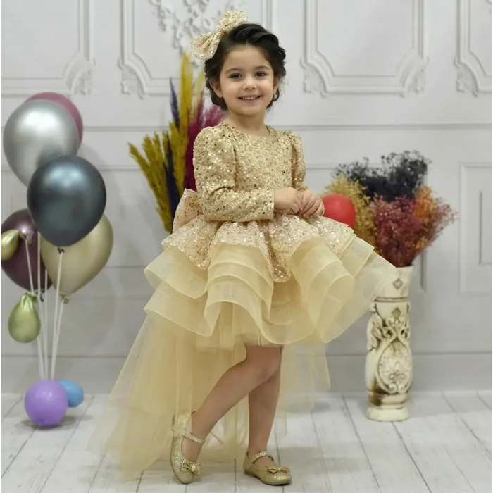 Kız Çocuk Gold Kuyruklu Boncuklu Payetli Kabarık Elbise