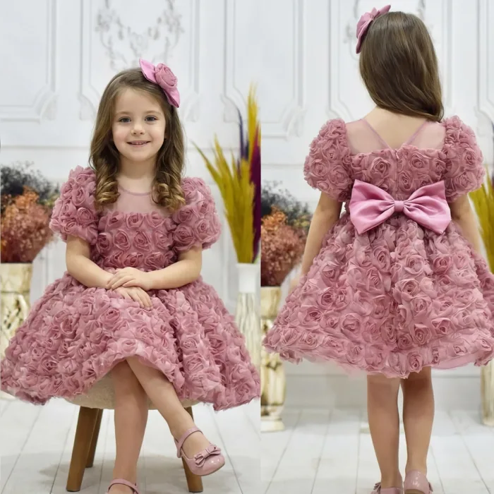 Kız Çocuk Gül Kurusu Gül Desenli Kabarık Elbise