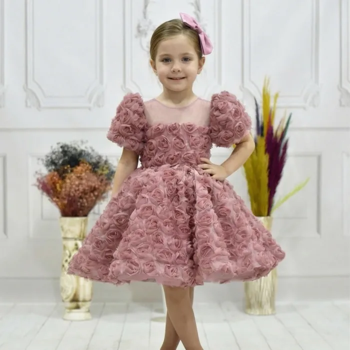 Kız Çocuk Gül Kurusu Gül Desenli Kabarık Elbise