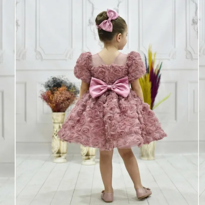 Kız Çocuk Gül Kurusu Gül Desenli Kabarık Elbise