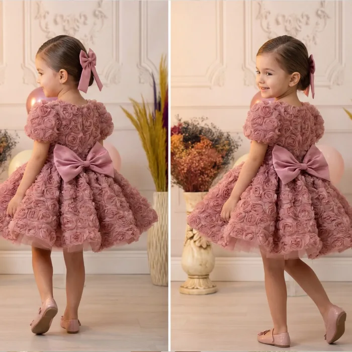 Kız Çocuk Gül Kurusu Gül Desenli Kısa Balon Kol Kabarık Elbise