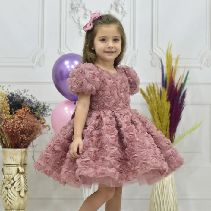 Kız Çocuk Gül Kurusu Gül Desenli Kısa Balon Kol Kabarık Elbise