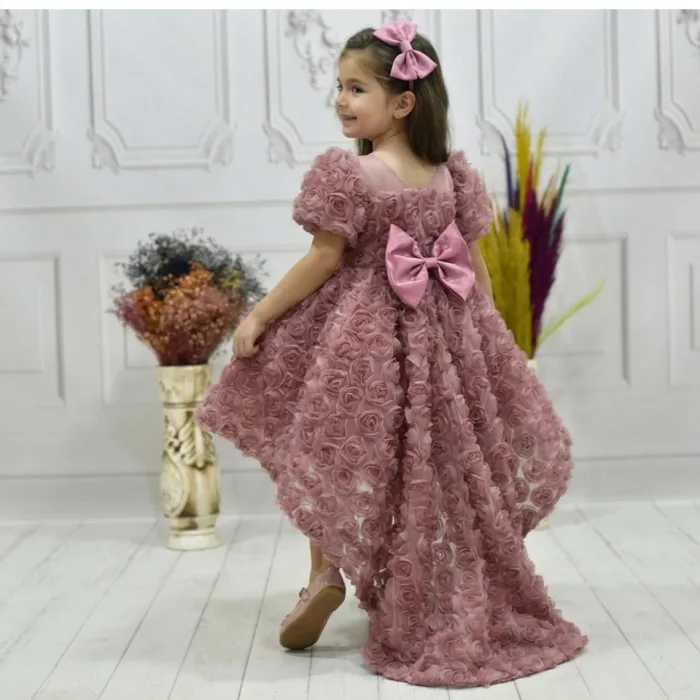 Kız Çocuk Gül Kurusu Gül Desenli Kuyruklu Elbise Abiye
