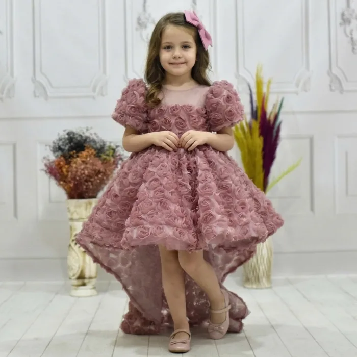 Kız Çocuk Gül Kurusu Gül Desenli Kuyruklu Elbise Abiye