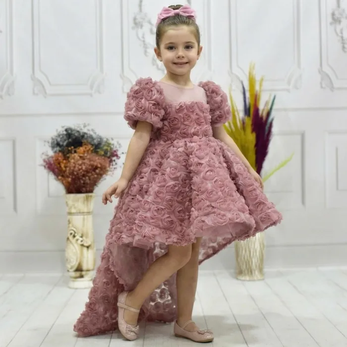 Kız Çocuk Gül Kurusu Gül Desenli Kuyruklu Elbise Abiye