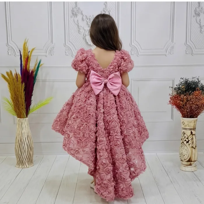 Kız Çocuk Gül Kurusu Gül Desenli Kuyruklu Kıs Kol Elbise Abiye
