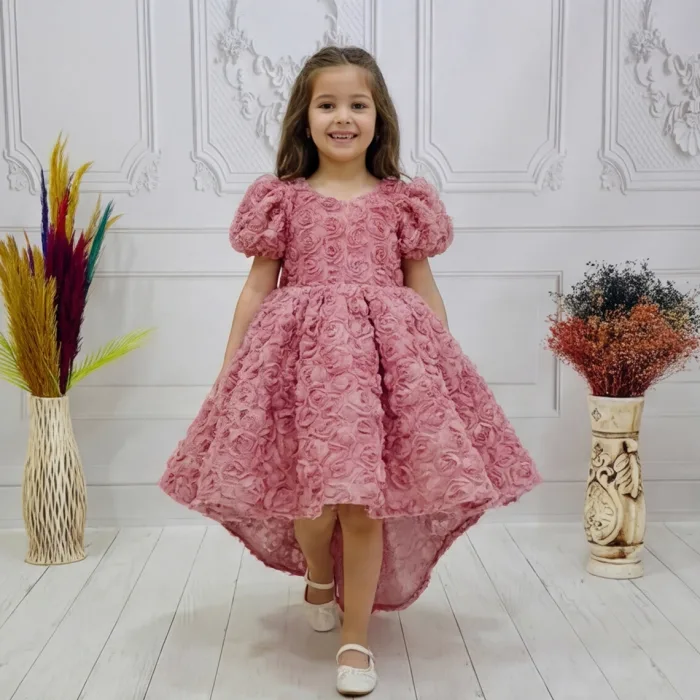 Kız Çocuk Gül Kurusu Gül Desenli Kuyruklu Kıs Kol Elbise Abiye