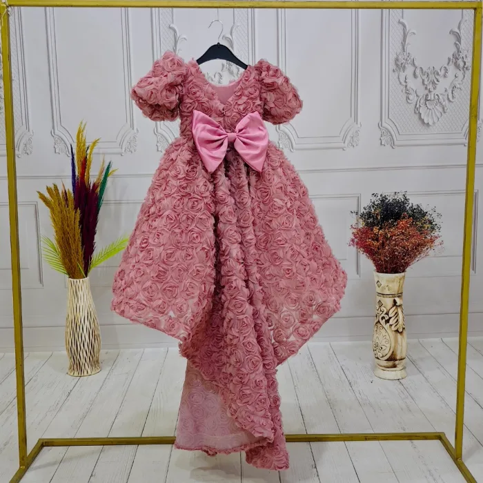 Kız Çocuk Gül Kurusu Gül Desenli Kuyruklu Kıs Kol Elbise Abiye