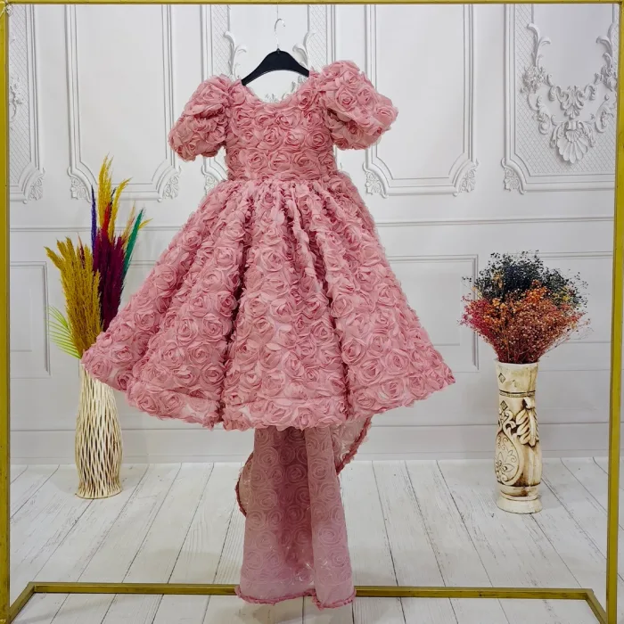 Kız Çocuk Gül Kurusu Gül Desenli Kuyruklu Kıs Kol Elbise Abiye