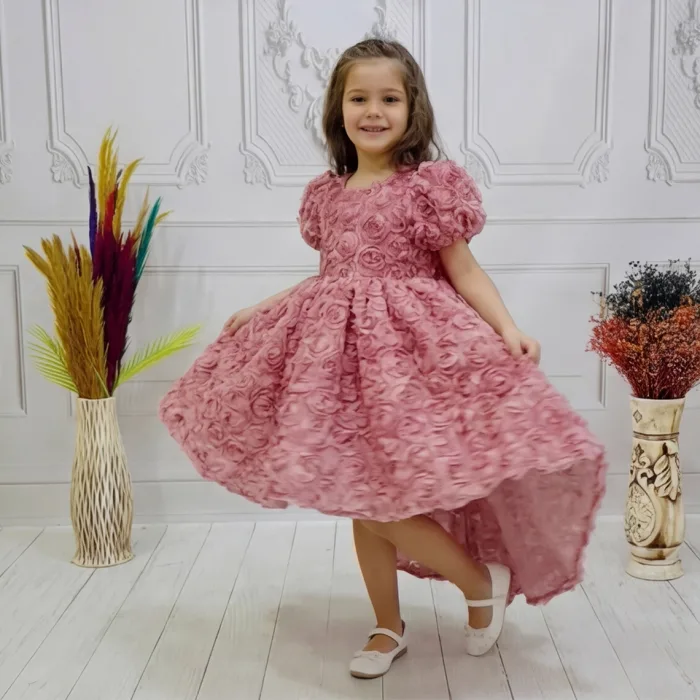 Kız Çocuk Gül Kurusu Gül Desenli Kuyruklu Kıs Kol Elbise Abiye