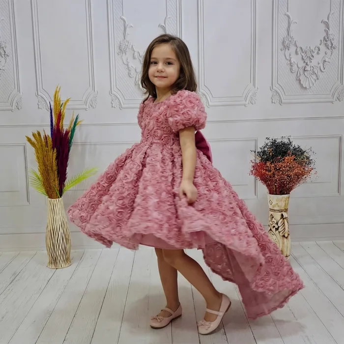 Kız Çocuk Gül Kurusu Gül Desenli Kuyruklu Kıs Kol Elbise Abiye