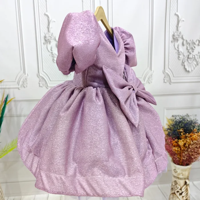 Gül kurusu  lila Parıltılı Kısa Kol Elbise Abiye Gelinlik