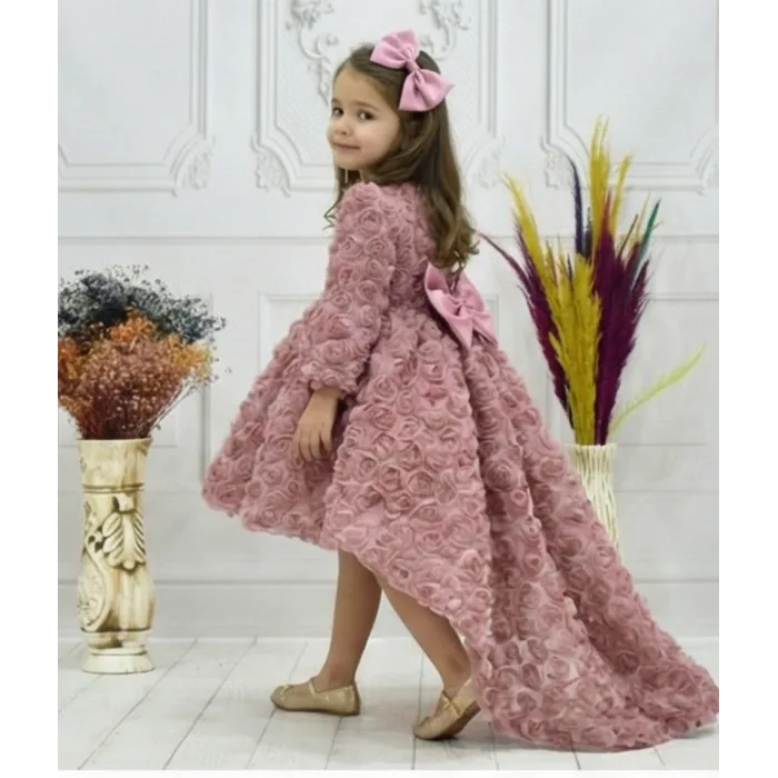 Kız Çocuk Gül Kurusu Gül Desenli Kuyruklu Uzun Kol Elbise Abiye