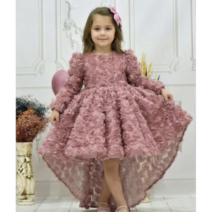 Kız Çocuk Gül Kurusu Gül Desenli Kuyruklu Uzun Kol Elbise Abiye