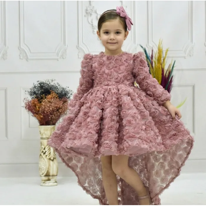 Kız Çocuk Gül Kurusu Gül Desenli Kuyruklu Uzun Kol Elbise Abiye