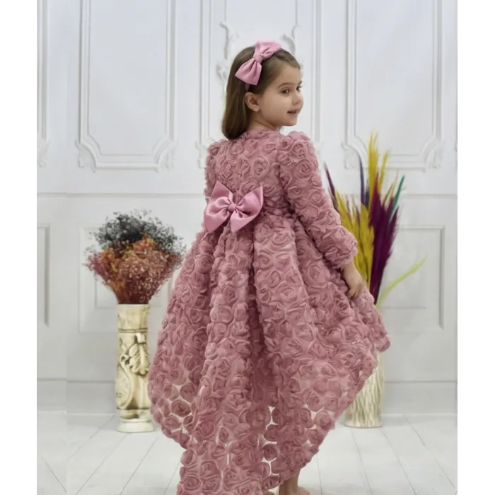 Kız Çocuk Gül Kurusu Gül Desenli Kuyruklu Uzun Kol Elbise Abiye