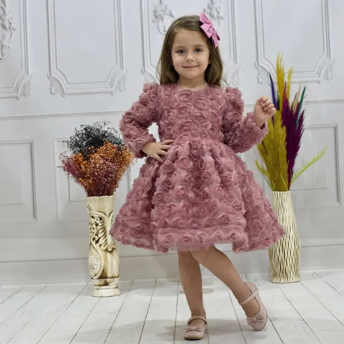 Kız Çocuk Gül Kurusu Gül Desenli Uzun Kol Kabarık Elbise Abiye Gelinlik