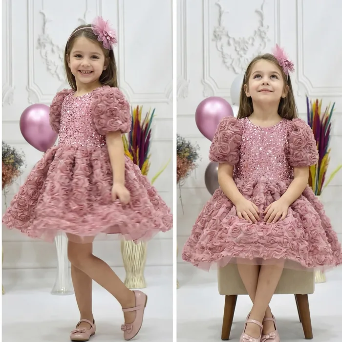 Kız Çocuk Gül Kurusu Gül Desenli ve Boncuklu Kısa Balon Kol