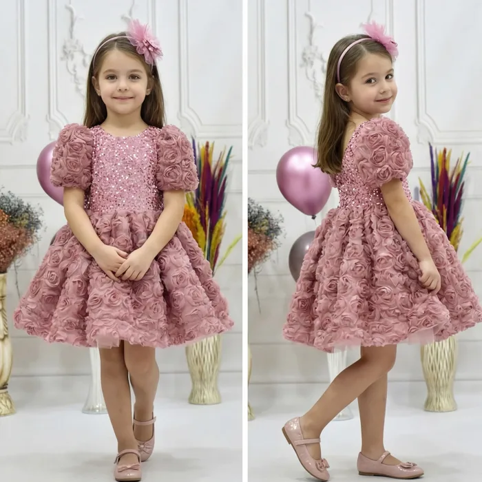 Kız Çocuk Gül Kurusu Gül Desenli ve Boncuklu Kısa Balon Kol