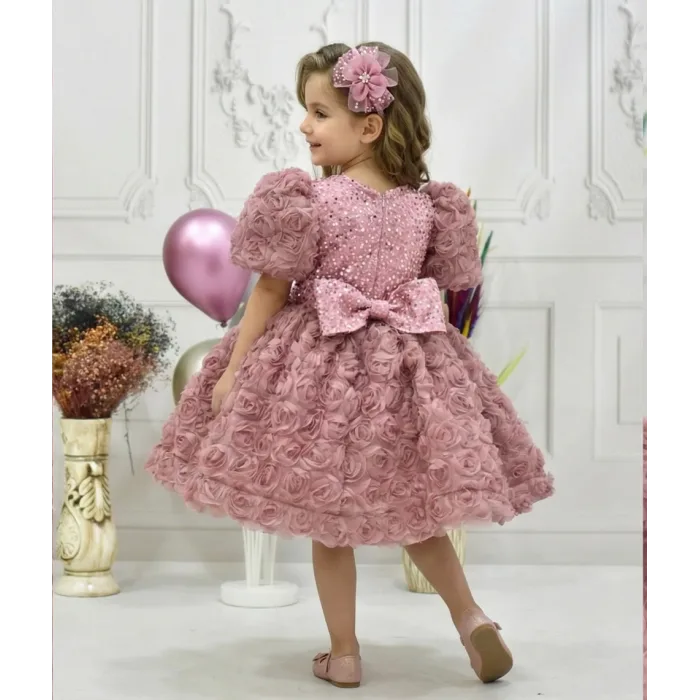 Kız Çocuk Gül Kurusu Gül Desenli ve Boncuklu Kısa Balon Kol