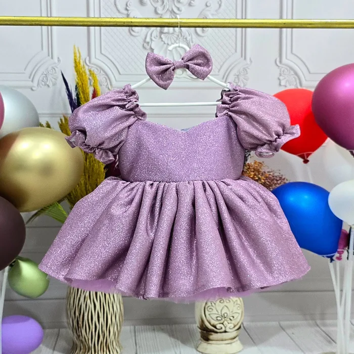 Kız Çocuk Gül kurusu Parıltıll  Kalp detaylı Askılı Kol Kabarık Elbise