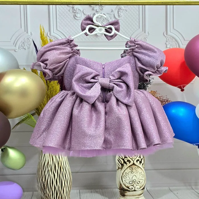 Kız Çocuk Gül kurusu Parıltıll  Kalp detaylı Askılı Kol Kabarık Elbise