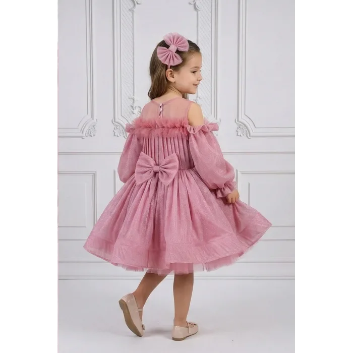 Kız Çocuk Gül Kurusu Parıltılı Üstü Tül Detaylı Kabarık Elbise