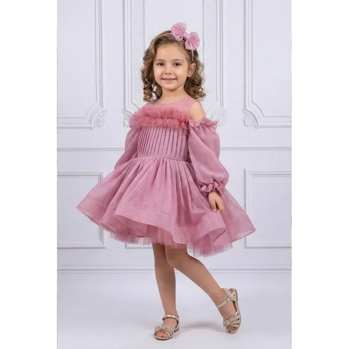 Kız Çocuk Gül Kurusu Parıltılı Üstü Tül Detaylı Kabarık Elbise