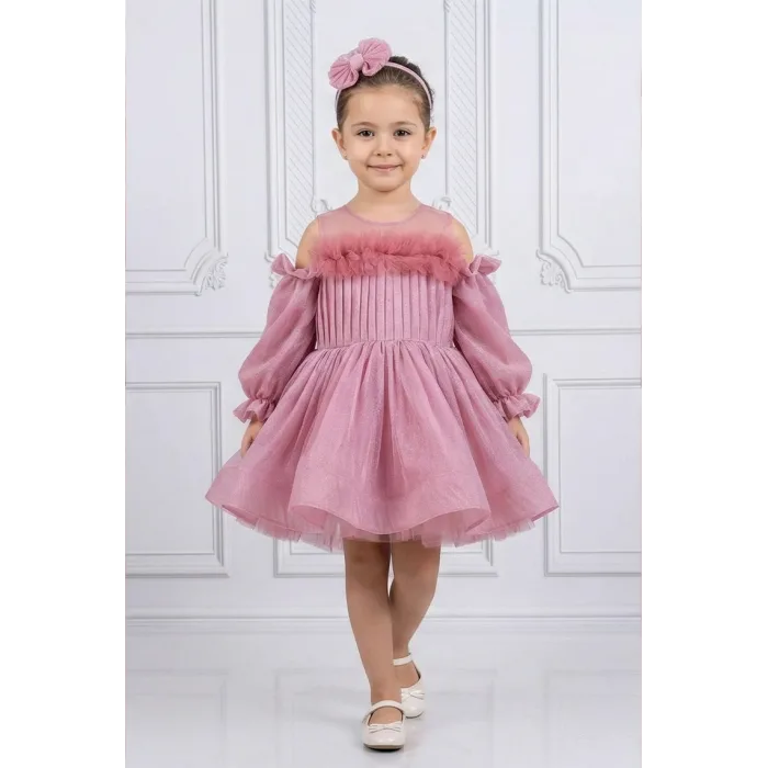 Kız Çocuk Gül Kurusu Parıltılı Üstü Tül Detaylı Kabarık Elbise