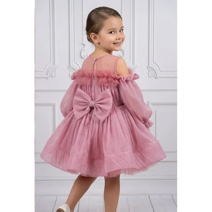 Kız Çocuk Gül Kurusu Parıltılı Üstü Tül Detaylı Kabarık Elbise